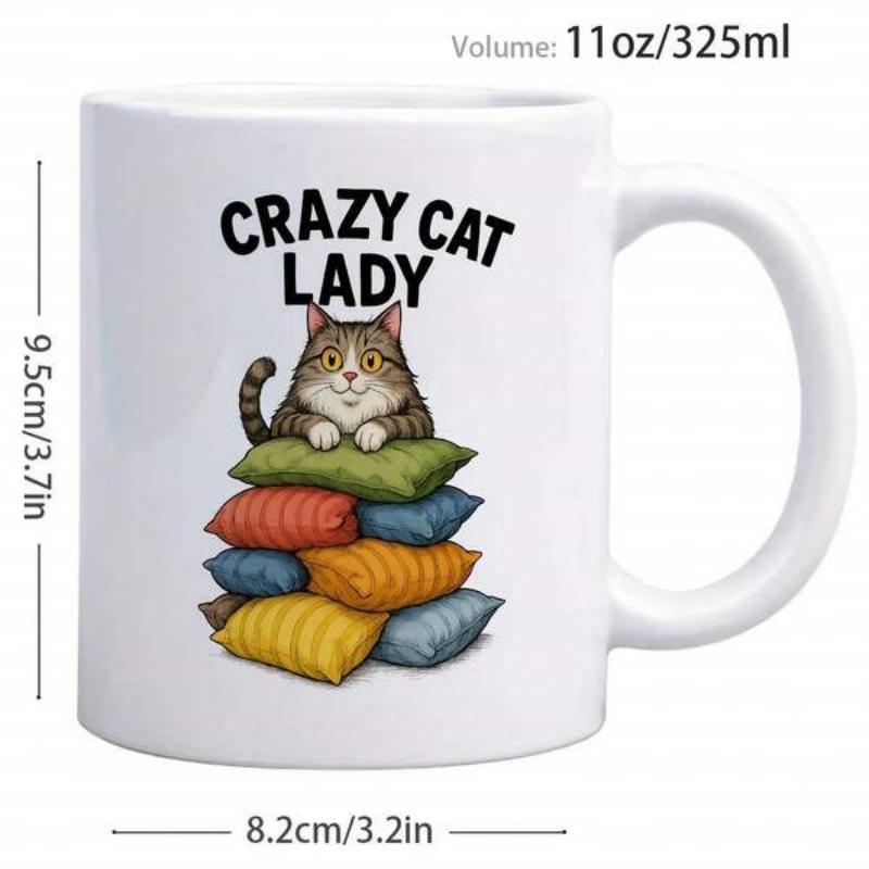 Tailorly White Ceramic 11 oz Mug - Crazy Cat Lady Adorable Tabby Cat Resting On A Stack Of Colorful Soft Pillows Cat