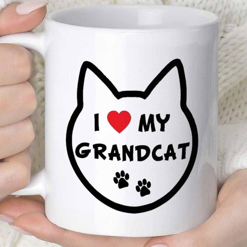 Tailorly White Ceramic 11 oz Mug - I Love My Grandcat Minimalist Black Outline Cat Head Featuring Red Heart And Paw Prints Cat