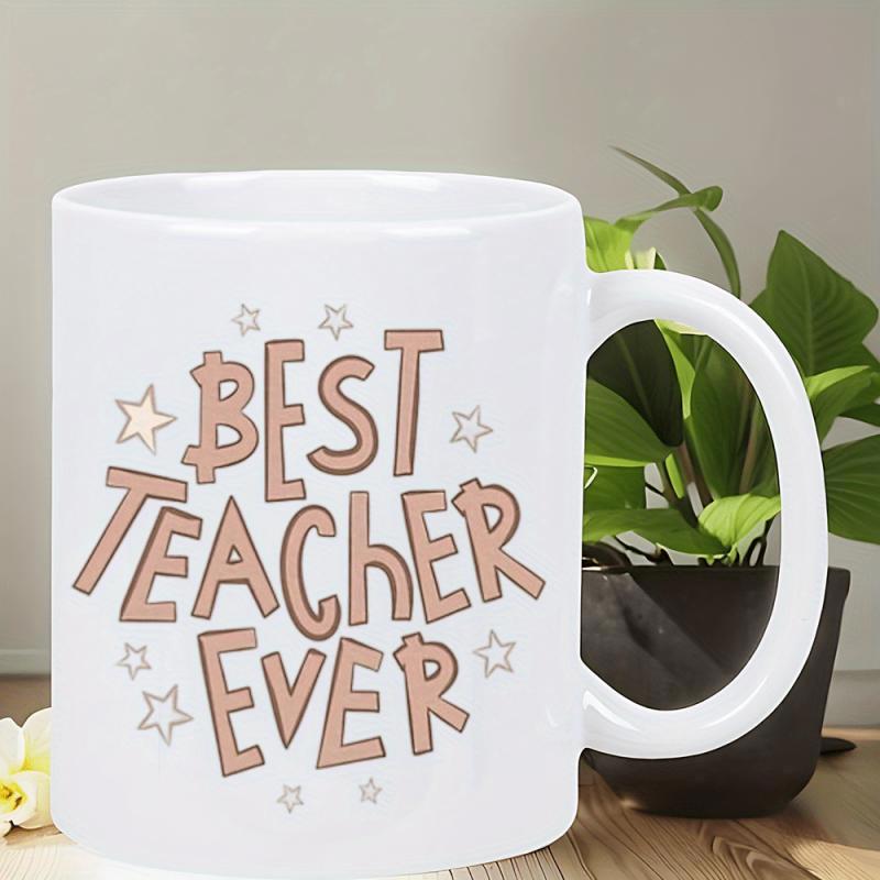 Tailorly White Ceramic 11 oz Mug - Best Teacher Ever Decorative Small Stars Floating Around Bold Stylized Hand Drawn Mug