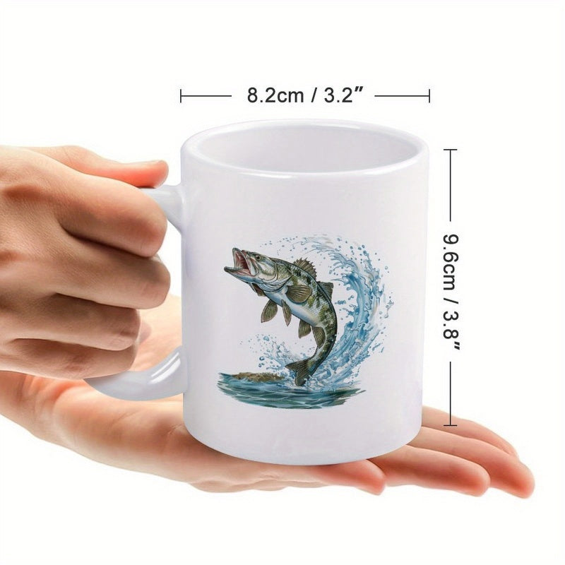 Tailorly White Ceramic 11 oz Mug - Vibrant Leaping Fish Emerging From Splashing Blue Nature Water Waves Bass
