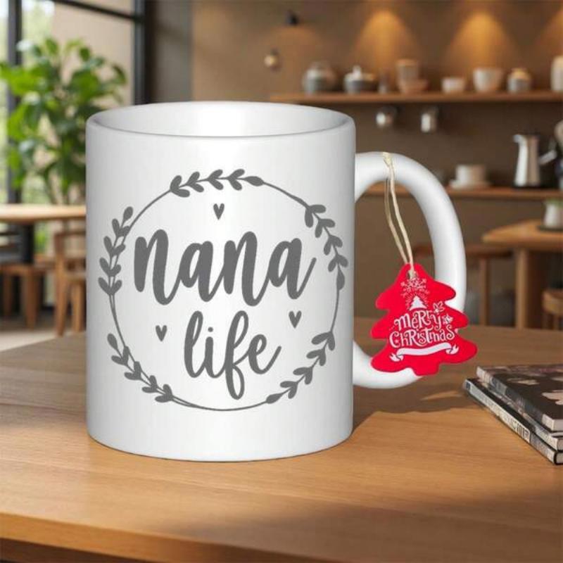 Tailorly White Ceramic 11 oz Mug - Nana Life Simple Circular Leaf Wreath Featuring Minimalist Hearts And Artistic Script Mug