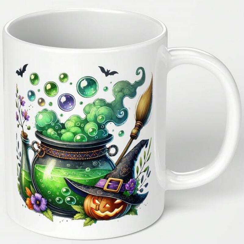 Tailorly White Ceramic 11 oz Mug - Bubbling Green Magic Pot With Spooky Witch Hat And Carved Pumpkin Cauldron