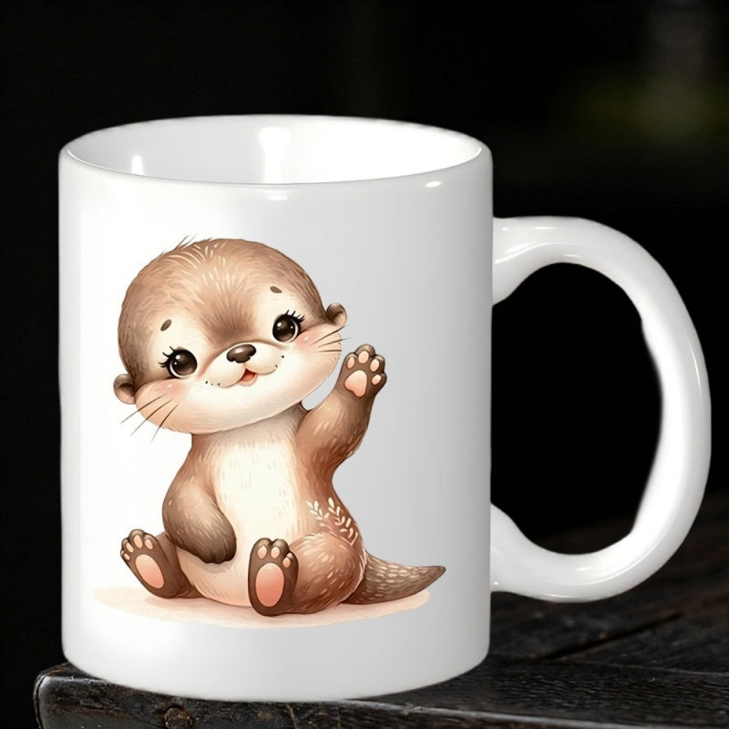 Tailorly White Ceramic 11 oz Mug - Adorable Baby Animal With Large Eyes Waving Its Paw Gently Otter