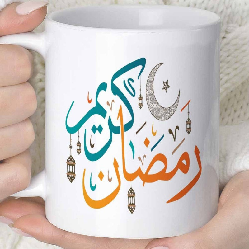 Tailorly White Ceramic 11 oz Mug - Traditional Ornate Lanterns Hanging Near Elegant Calligraphy And Decorative Moon