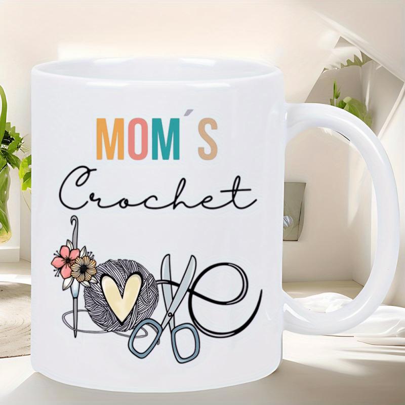 Tailorly White Ceramic 11 oz Mug - Moms Crochet Love Beautiful Heart Scissors Flowers And Yarn Ball With Hook Mug