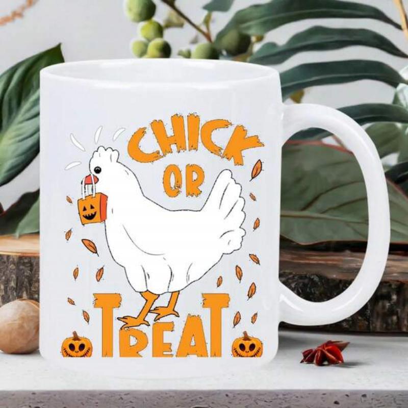 Tailorly White Ceramic 11 oz Mug - Chick Or Treat White Chicken Carrying Halloween Pumpkin Bucket Among Falling Leaves Hen