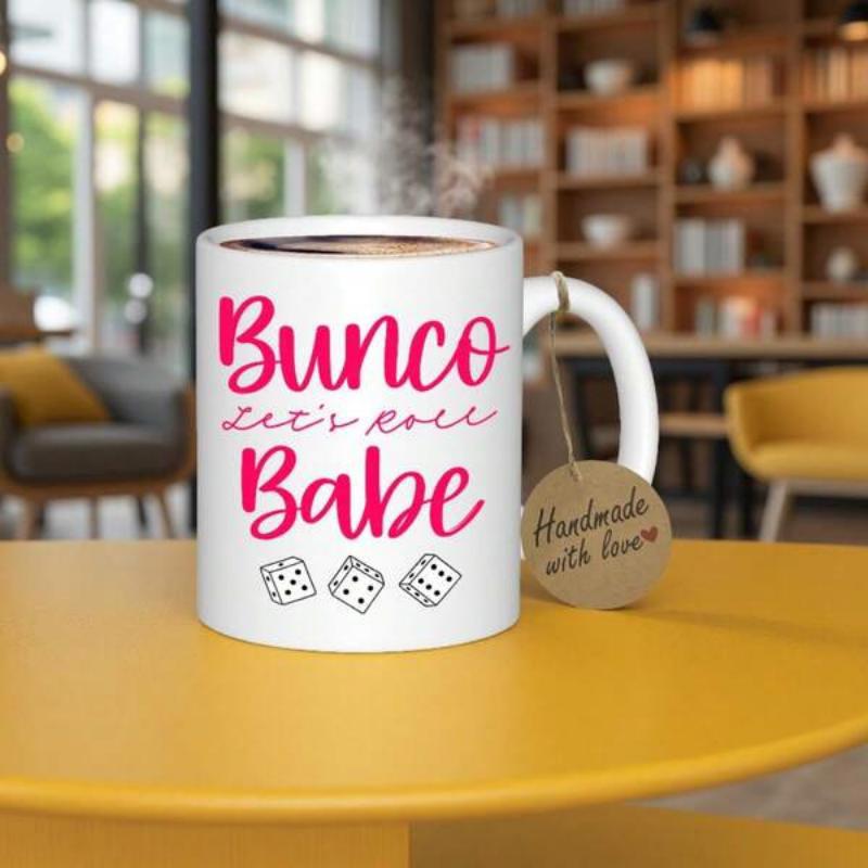 Tailorly White Ceramic 11 oz Mug - Bunco Let's Roll Babe Minimalist Line Art Rolling Dice Arranged Neatly Below Stylized Script Dice