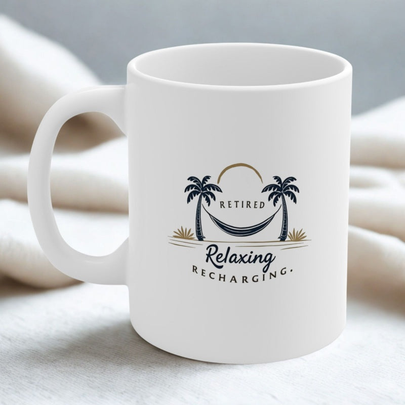 Tailorly White Ceramic 11 oz Mug - Retired Relaxing Recharging Tropical Beach Scene With A Comfortable Hammock Swaying Between Two Majestic Palm Tree