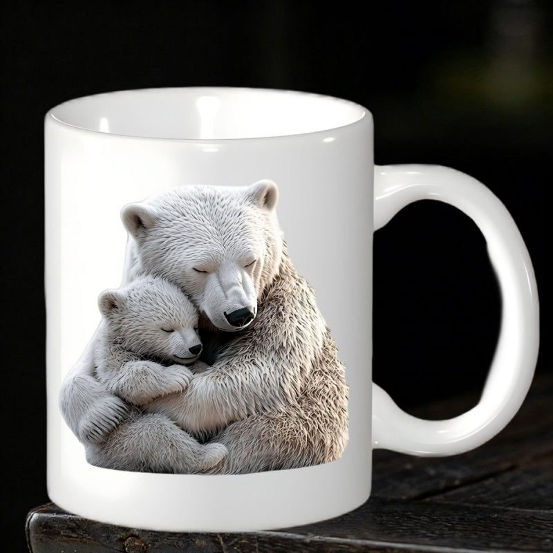 Tailorly White Ceramic 11 oz Mug - Loving Mother Polar Bear Embracing Her Cub In A Warm Hug Bear