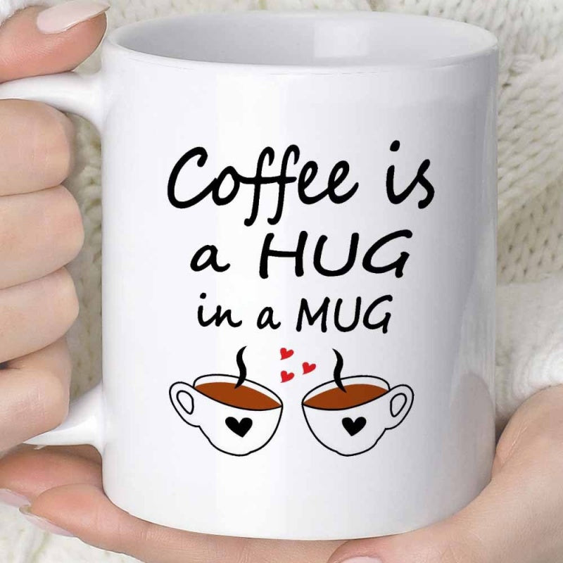 Tailorly White Ceramic 11 oz Mug - Coffee Is A Hug In A Mug Two Small Steaming Coffee Cups With Tiny Floating Red Hearts Mug