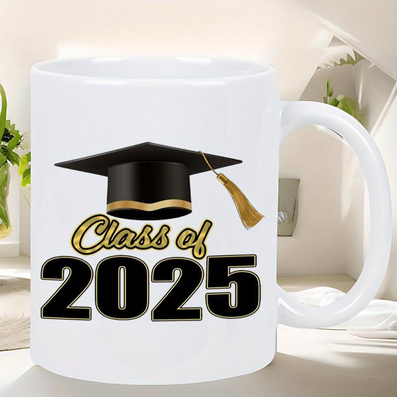 Tailorly White Ceramic 11 oz Mug - Class Of 2025 Black Graduation Cap With Gold Tassel Floating Above Bold Text Cap