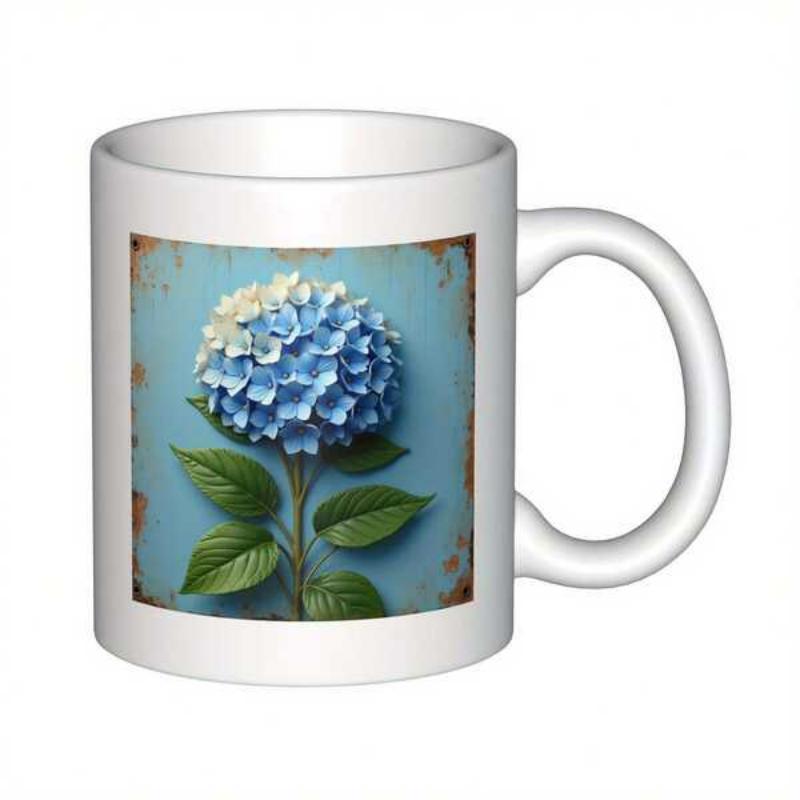 Tailorly White Ceramic 11 oz Mug - Blooming Blue Floral Petals With Green Leaves Under Soft Vintage Light Hydrangea