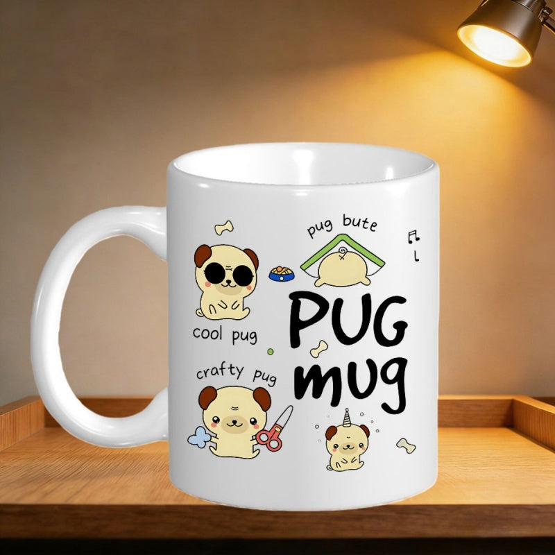 Tailorly White Ceramic 11 oz Mug - Pug Mug Cool Pug Crafty Pug Pug Butt Cartoon Dogs With Playful Expressions In Different Poses Pug