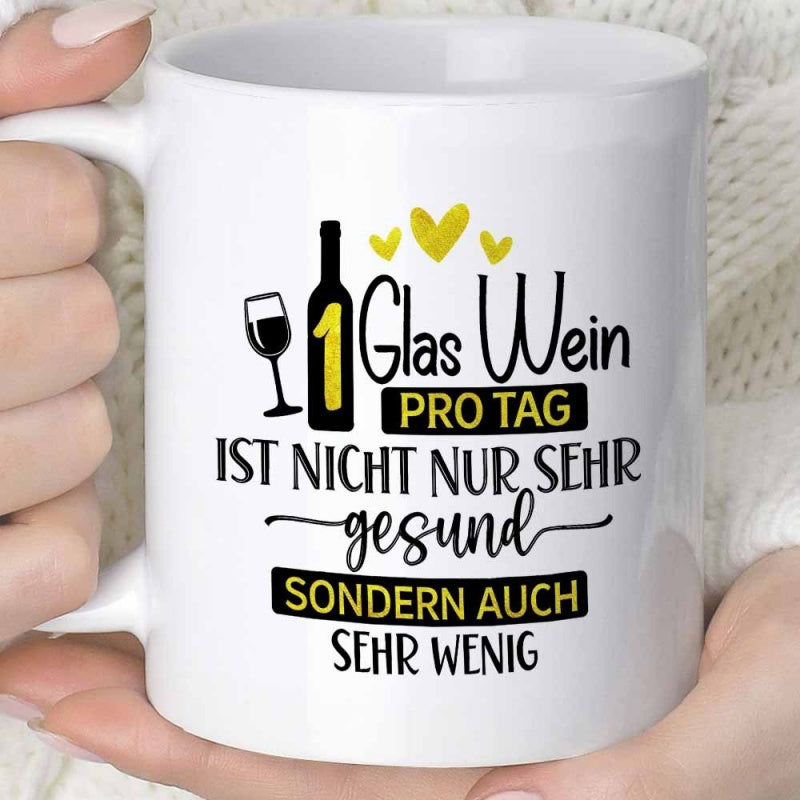 Tailorly White Ceramic 11 oz Mug - Elegant Wine Bottle And Glass Surrounded By Small Golden Yellow Hearts Mug