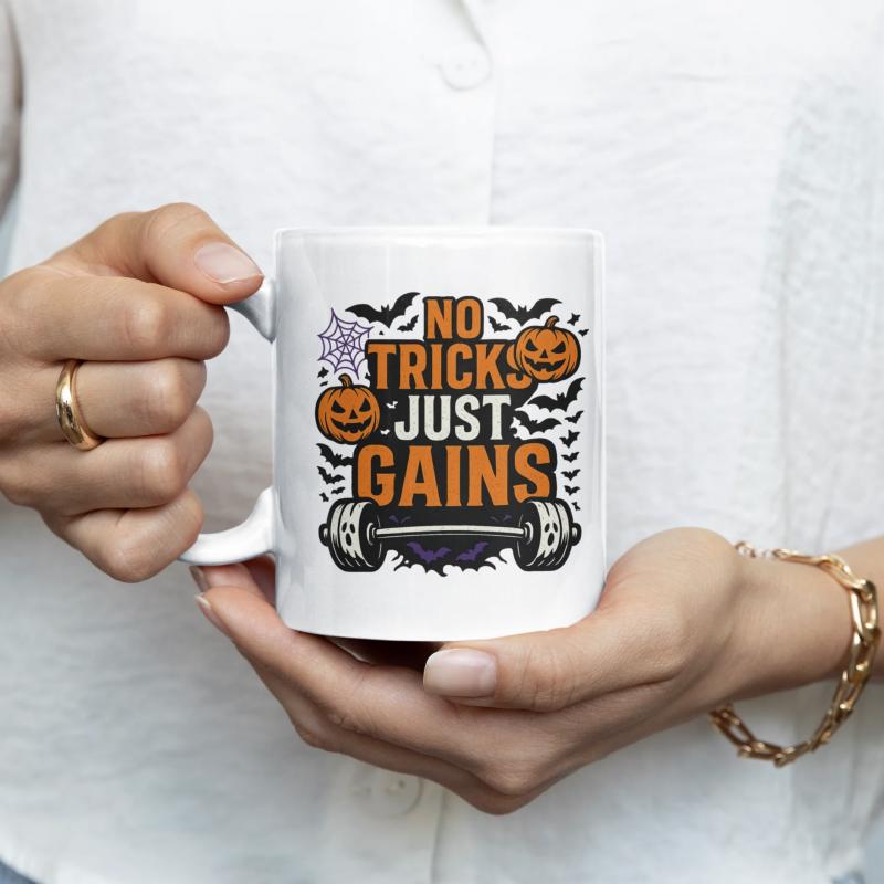 Tailorly White Ceramic 11 oz Mug - No Tricks Just Gains Halloween Pumpkins And Flying Bats Surrounding A Heavy Gym Barbell
