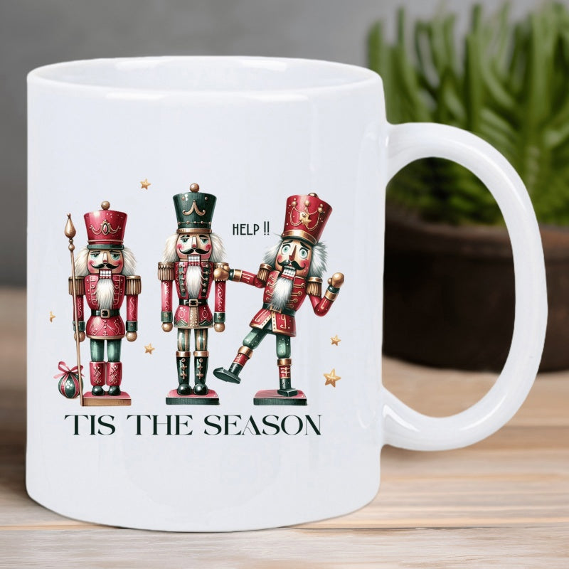 Tailorly White Ceramic 11 oz Mug - Tis The Season Help Three Traditional Christmas Nutcrackers Standing Together In Festive Uniforms Nutcracker