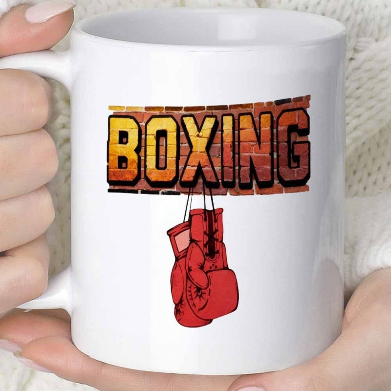 Tailorly White Ceramic 11 oz Mug - Boxing Vintage Brick Wall Background Featuring Iconic Red Leather Hanging Boxing Gloves