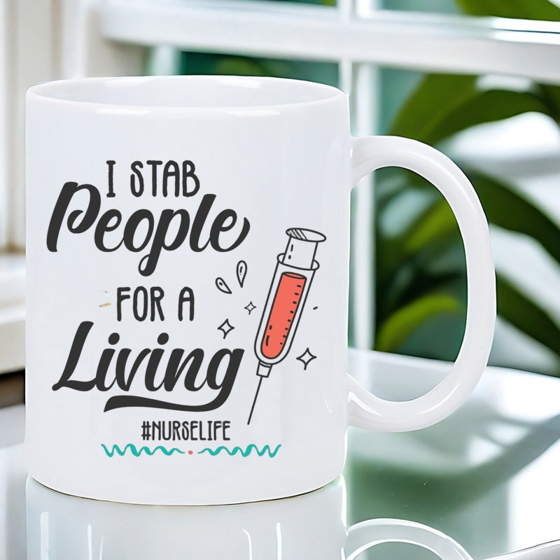 Tailorly White Ceramic 11 oz Mug - I Stab People For A Living Nurselife Medical Syringe Filled With Red Liquid Surrounded By Decorative Sparkles Syringe