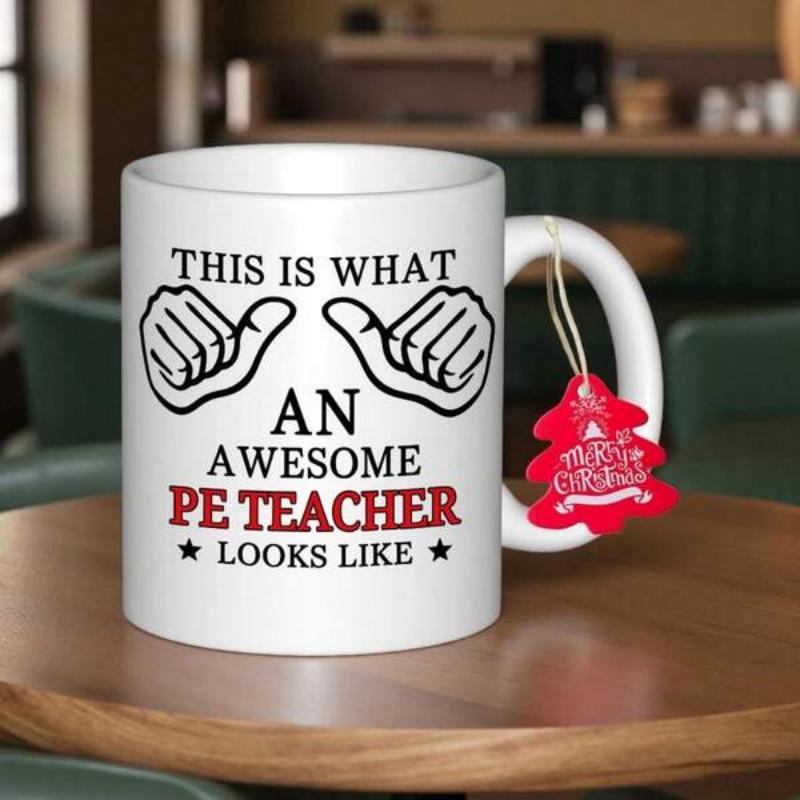 Tailorly White Ceramic 11 oz Mug - This Is What An Awesome PE Teacher Looks Like Two Minimalist Hands Pointing Toward Bold Slogan Mug