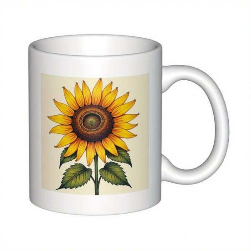 Tailorly White Ceramic 11 oz Mug - Radiant Golden Petals Blooming With Detailed Green Leaves On A Stem Sunflower