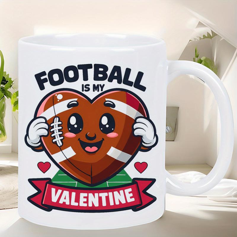 Tailorly White Ceramic 11 oz Mug - Football Is My Valentine Adorable Heart Shaped Cartoon Character Resting On Vibrant Red Ribbon Banner Football