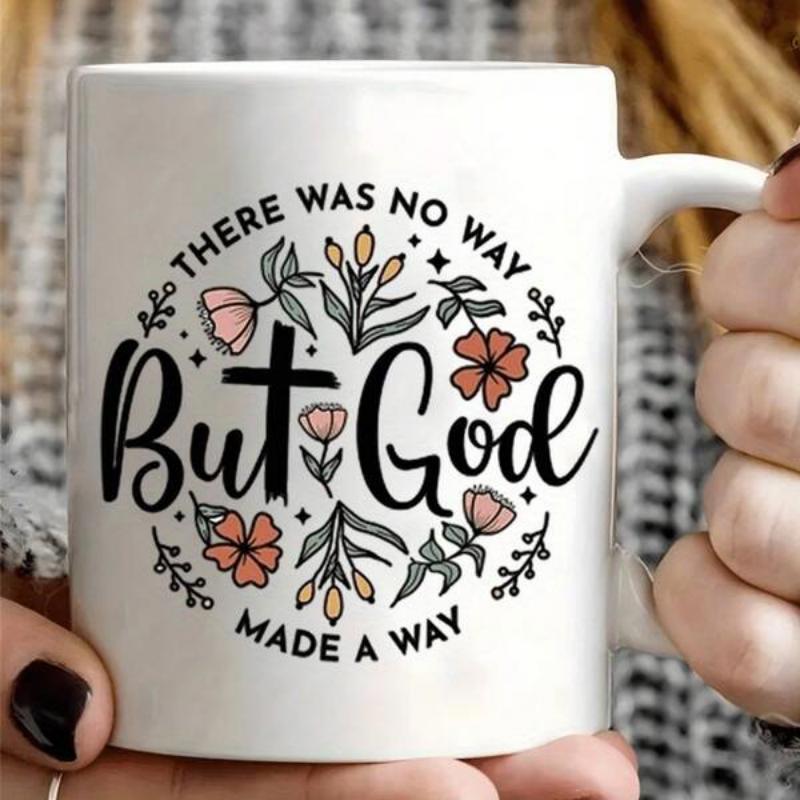 Tailorly White Ceramic 11 oz Mug - There Was No Way But God Made A Way Delicate Hand Drawn Floral Wreath With Blooming Flowers And A Sacred Christian Cross