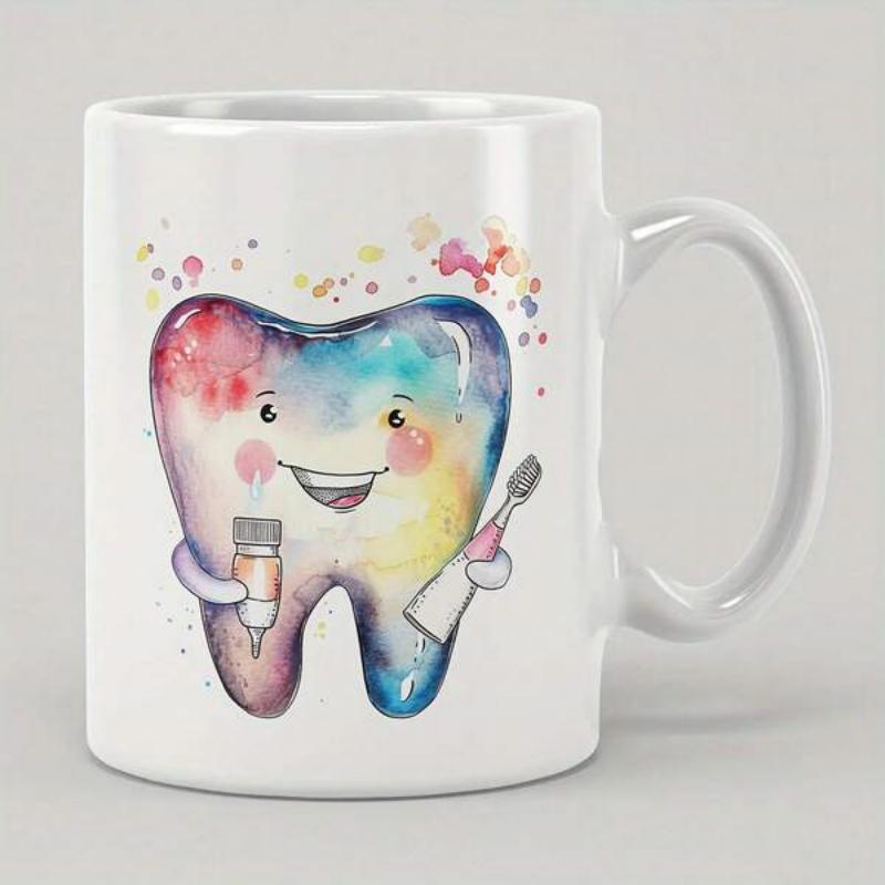 Tailorly White Ceramic 11 oz Mug - Whimsical Watercolor Splash Smiling Character Holding Dental Care Tools Happy Tooth