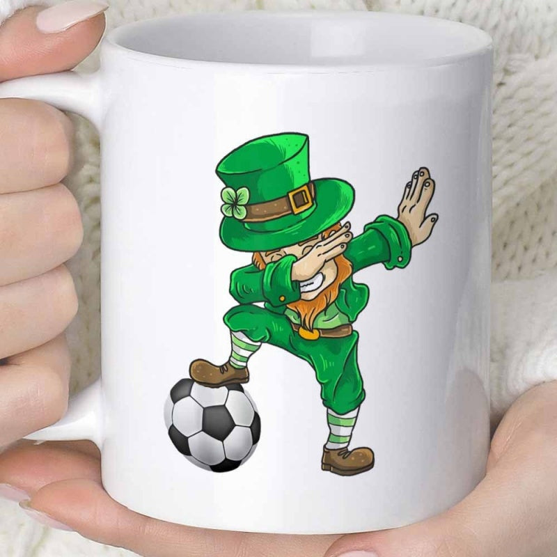 Tailorly White Ceramic 11 oz Mug - Dabbing Irish Leprechaun With Soccer Ball And Festive Green Clover Leprechaun