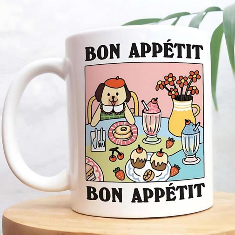 Tailorly White Ceramic 11 oz Mug - Bon Appetit Cartoon Dog Wearing Beret Enjoying Sweets At Dining Table Dog