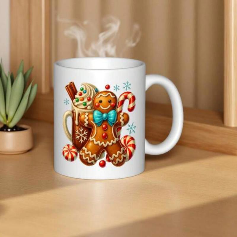 Tailorly White Ceramic 11 oz Mug - Festive Sweet Christmas Illustration With Hot Cocoa And Peppermint Candies Gingerbread Man