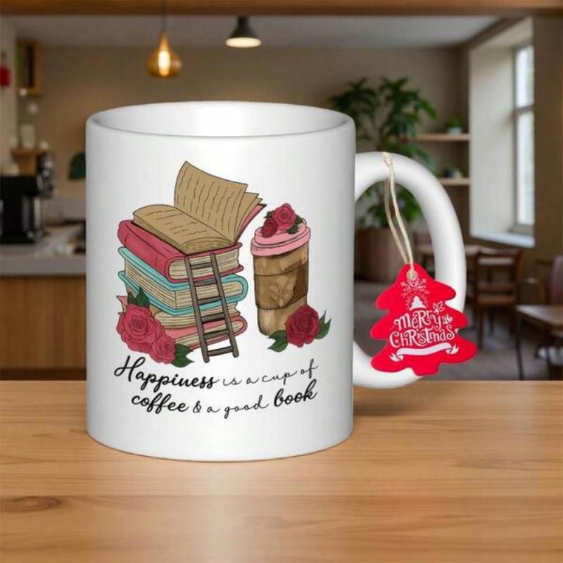 Tailorly White Ceramic 11 oz Mug - Happiness Is A Cup Of Coffee A Good Book Stacked Colorful Books With Ladder Among Blooming Red Roses Mug