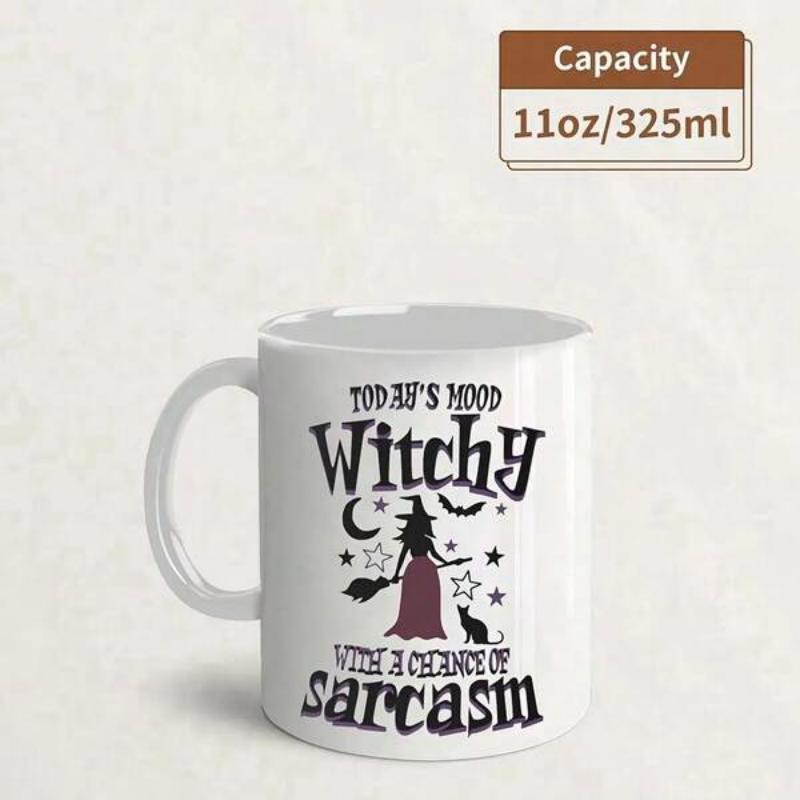Tailorly White Ceramic 11 oz Mug - Today's Mood Witchy With A Chance Of Sarcasm Mystical Silhouette Holding Broom Among Twinkling Stars And Black Cat Witch