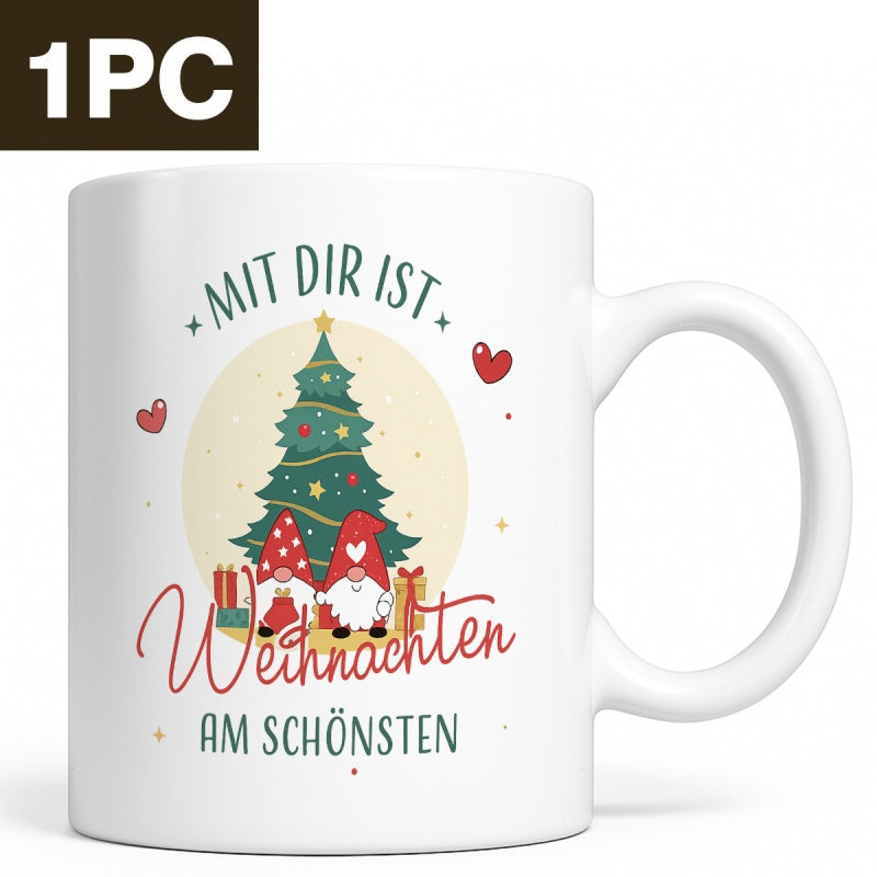 Tailorly White Ceramic 11 oz Mug - Festive Evergreen Adorned With Ornaments And Cute Red Hat Holiday Gnomes Tree