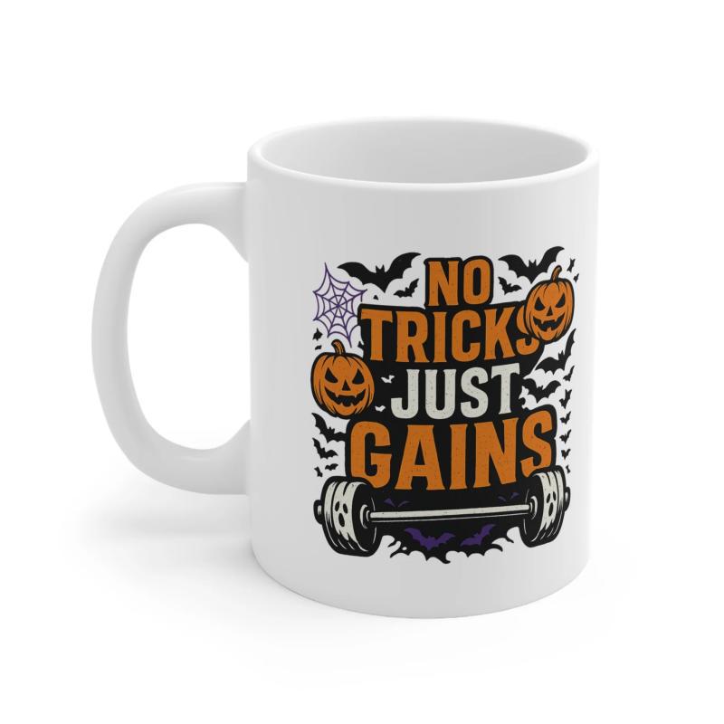 Tailorly White Ceramic 11 oz Mug - No Tricks Just Gains Festive Halloween Pumpkins With Flying Bats Above A Heavy Training Barbell