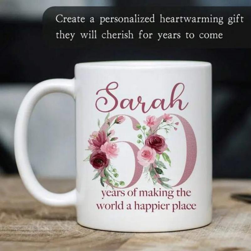 Tailorly White Ceramic 11 oz Mug - Sarah 60 Years Of Making The World A Happier Place Elegant Floral Arrangement With Blooming Pink Roses Surrounding Decorative