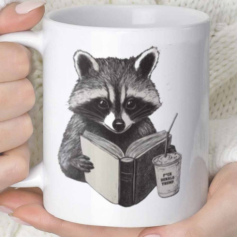 Tailorly White Ceramic 11 oz Mug - I Am Doing Work Sketch Style Animal Reading An Open Book Beside A Drink Cup Raccoon