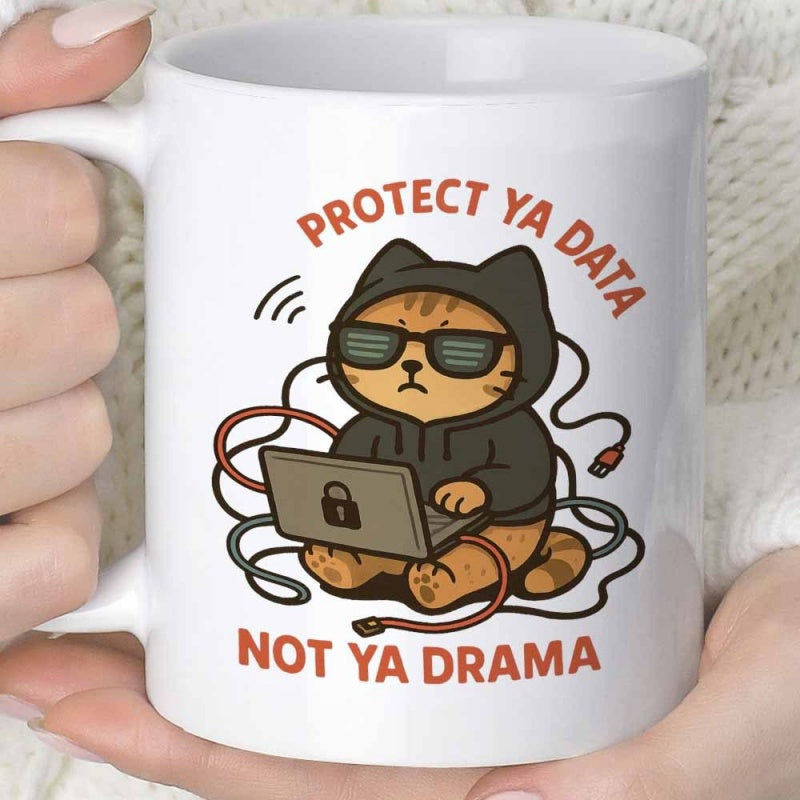 Tailorly White Ceramic 11 oz Mug - Protect Ya Data Not Ya Drama Cool Hacker Kitten Wearing Black Hoodie And Sunglasses Typing On Laptop Cat