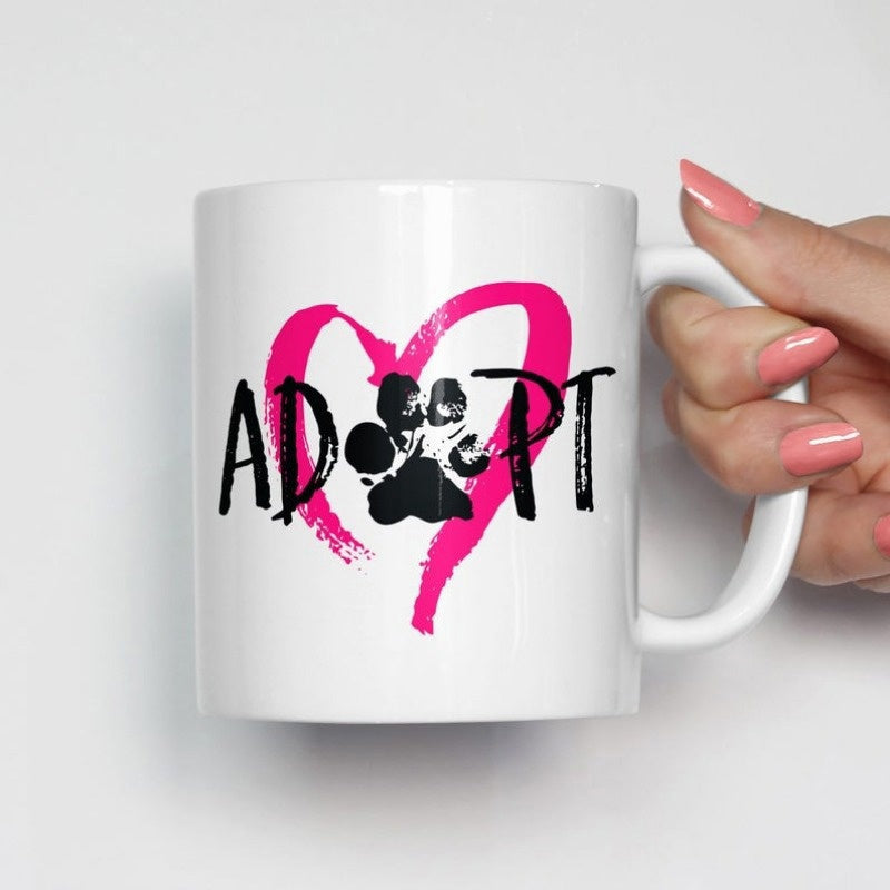 Tailorly White Ceramic 11 oz Mug - Adopt Pink Brush Stroke Artistic Heart With Black Animal Paw Print Heart