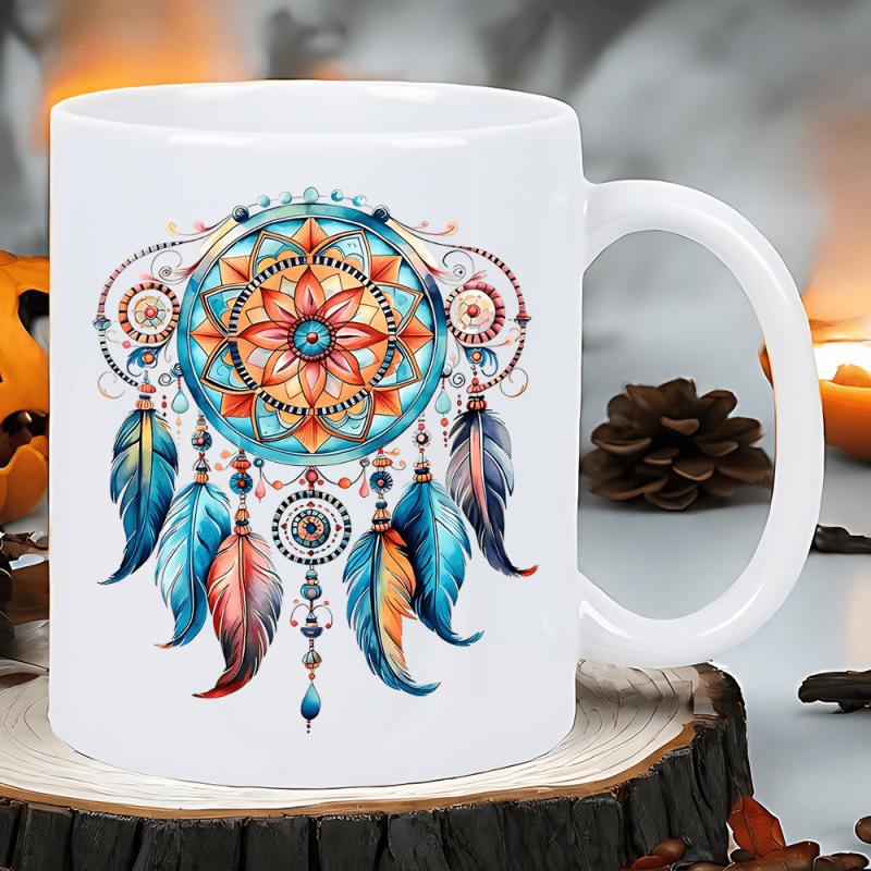 Tailorly White Ceramic 11 oz Mug - Intricate Mandala Pattern Decorated With Vibrant Feathers And Artistic Colorful Beads Dreamcatcher