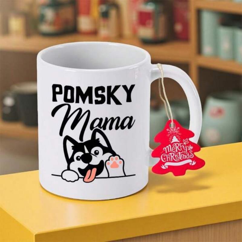 Tailorly White Ceramic 11 oz Mug - Pomsky Mama Playful Cartoon Puppy Peeking Over A Line With Raised Paws Dog