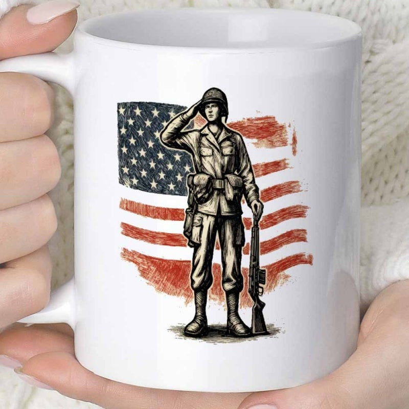 Tailorly White Ceramic 11 oz Mug - Patriotic Vintage Distressed American Flag Background Featuring Brave Saluting Military Soldier