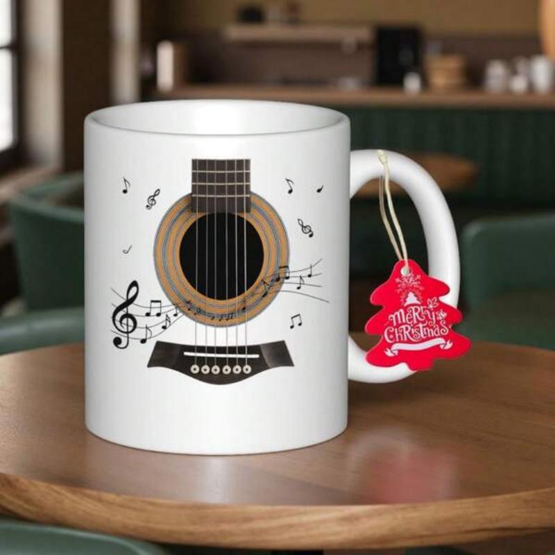 Tailorly White Ceramic 11 oz Mug - Musical Notes Dancing Around A Classic Wooden Body Strings Acoustic Guitar