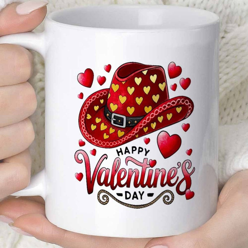 Tailorly White Ceramic 11 oz Mug - Happy Valentines Day Festive Red Cowboy Hat Decorated With Golden Hearts Surrounded By Love Hat