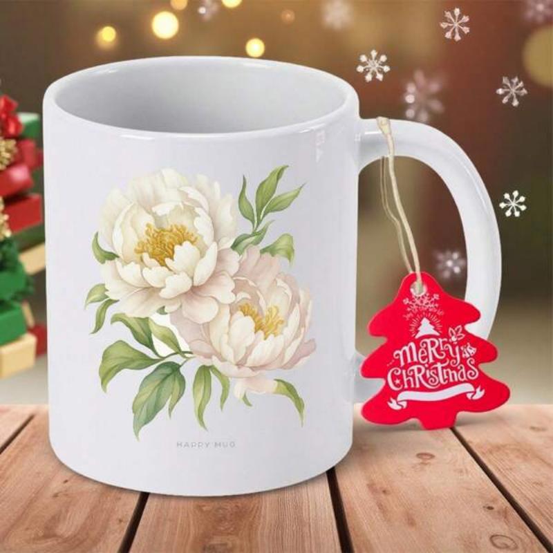 Tailorly White Ceramic 11 oz Mug - Merry Christmas Elegant Blooming White Peony Flowers Surrounded By Lush Green Leaves Peony