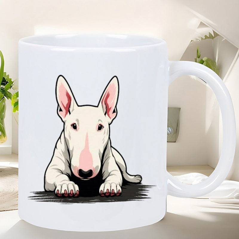Tailorly White Ceramic 11 oz Mug - Cute Stylized White Dog Lying Down On Dark Surface Bull Terrier