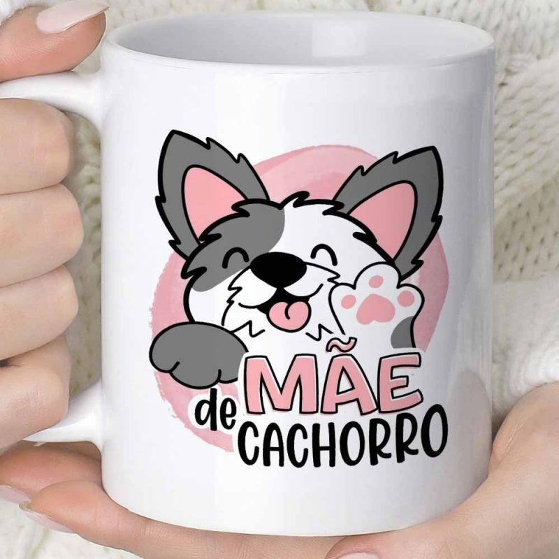 Tailorly White Ceramic 11 oz Mug - Playful Smiling Puppy With Waving Paw Against A Pink Circle Background Puppy