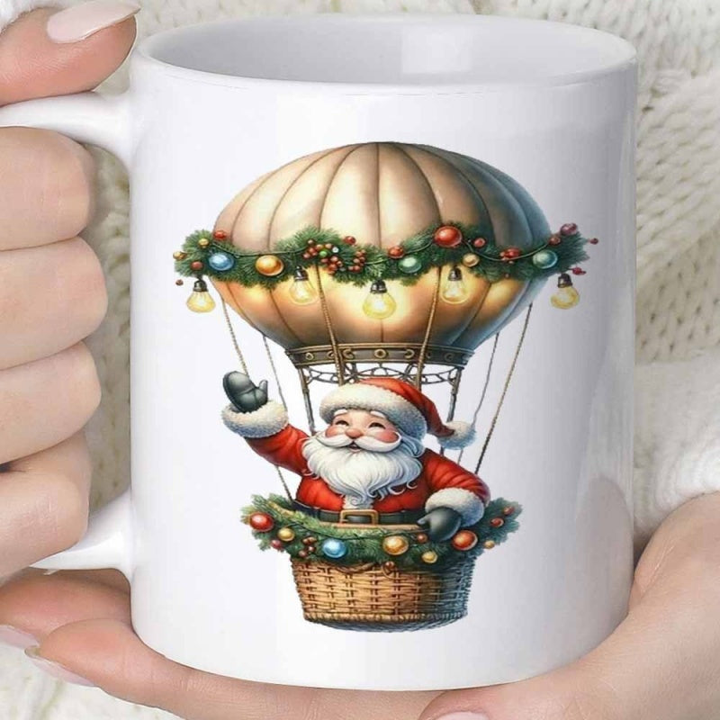 Tailorly White Ceramic 11 oz Mug - Jolly Santa Claus Waving From Festive Christmas Decorated Hot Air Balloon