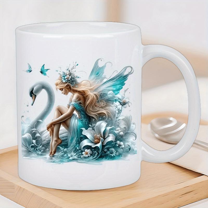 Tailorly White Ceramic 11 oz Mug - Magical Teal Ethereal Wings Resting Beside Elegant White Graceful Swan Fairy