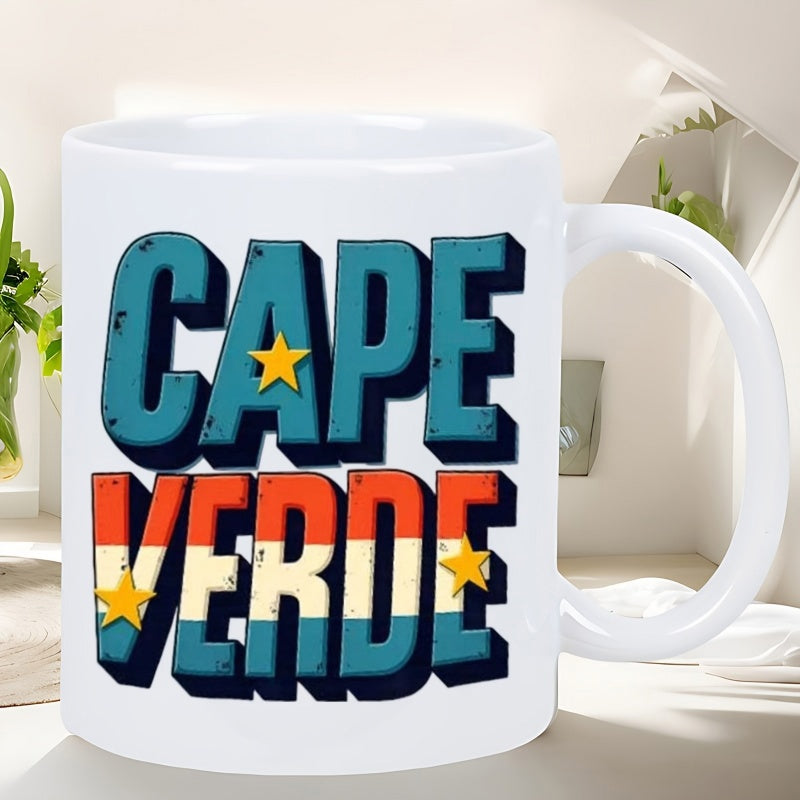 Tailorly White Ceramic 11 oz Mug - Cape Verde Retro Three Dimensional Letters With Patriotic Flag Colors And Bright Stars Mug