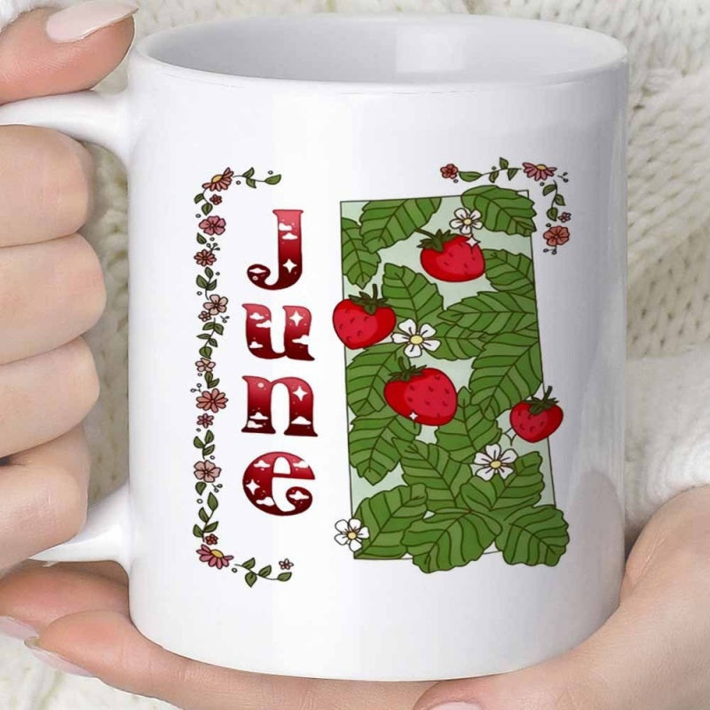 Tailorly White Ceramic 11 oz Mug - June Fresh Red Ripe Berries Growing Among Lush Green Leaves And Flowers Strawberry